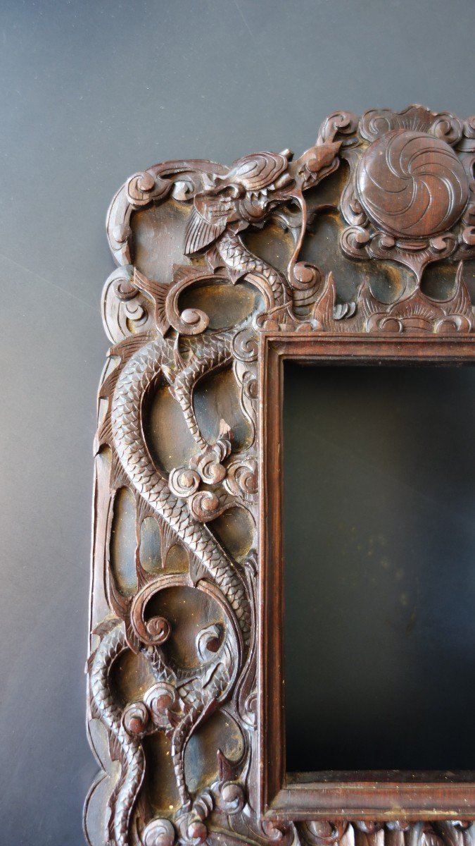 Grand Cadre ancien En Bois Sculpté Dragon Oiseaux Indochine