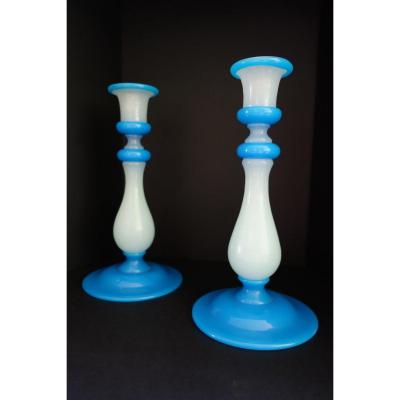 Pair Of Candlesticks In Opaline Two Tones, Charles X Period