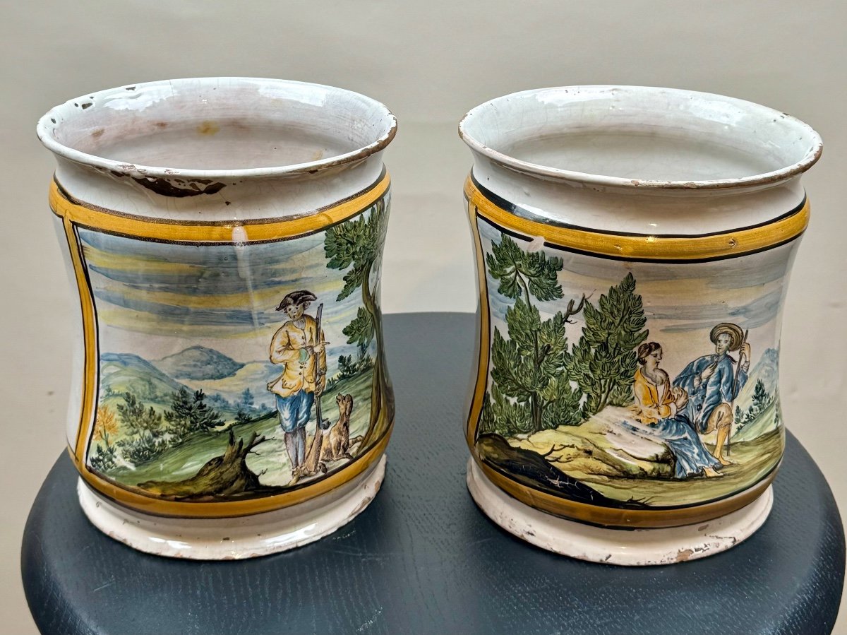 Pair Of Castelli Maiolica Albarello 1760-photo-3