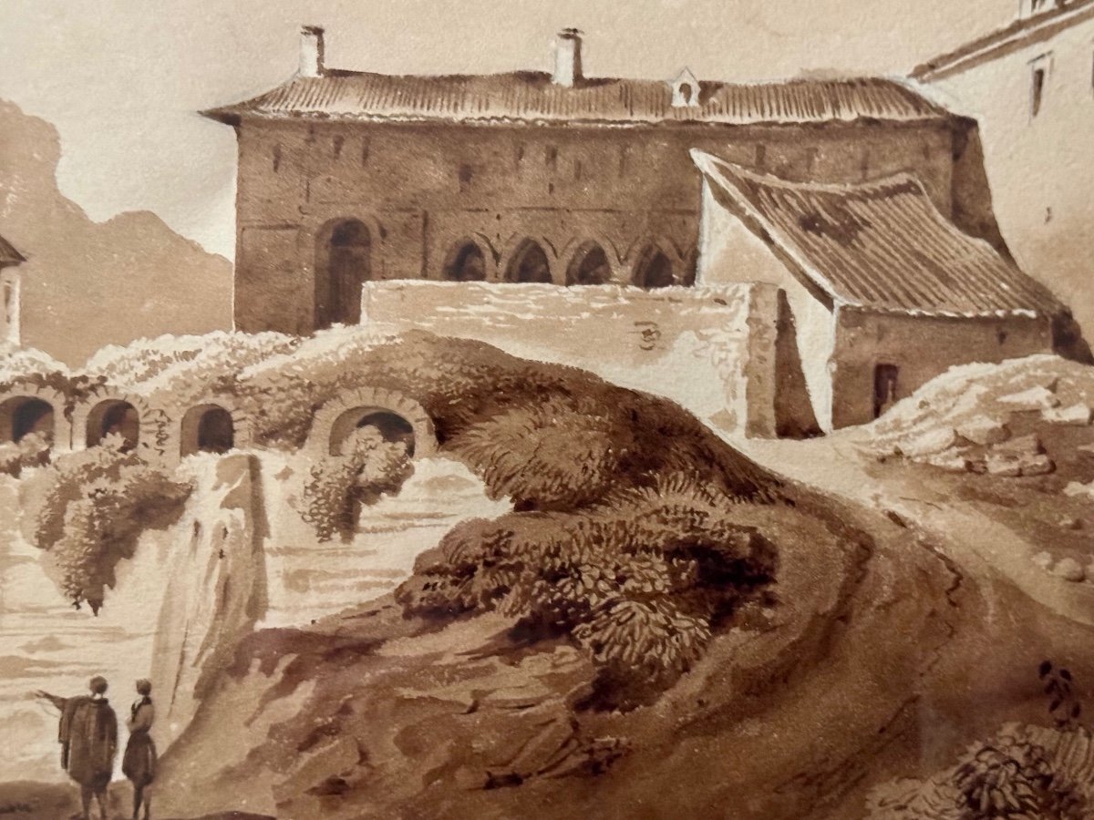 Return From The “grand Tour” 19th Century Wash Drawing-photo-2