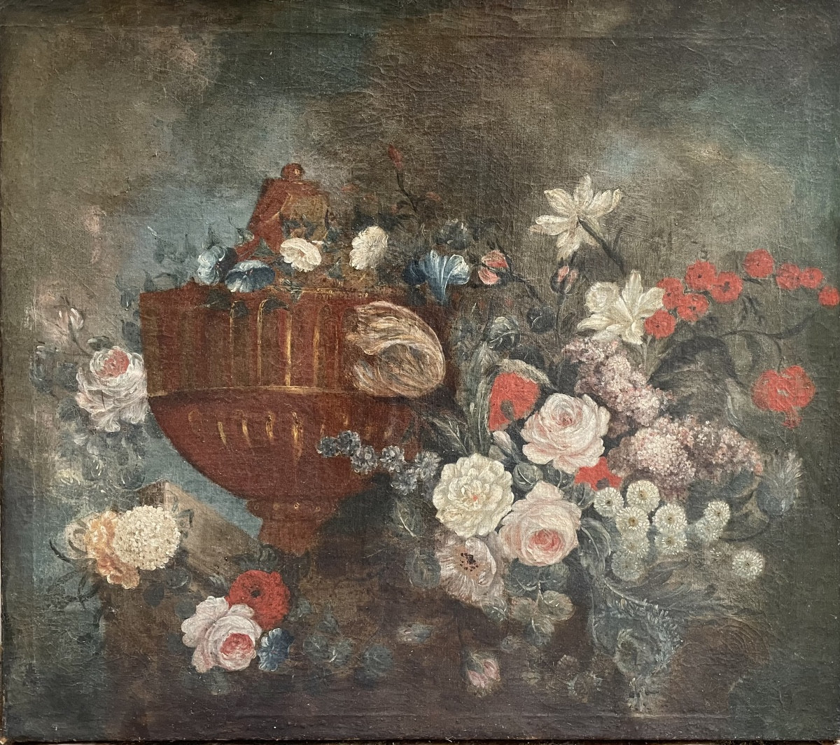 Nature morte 18ème , bouquet de fleurs sur un entablement.