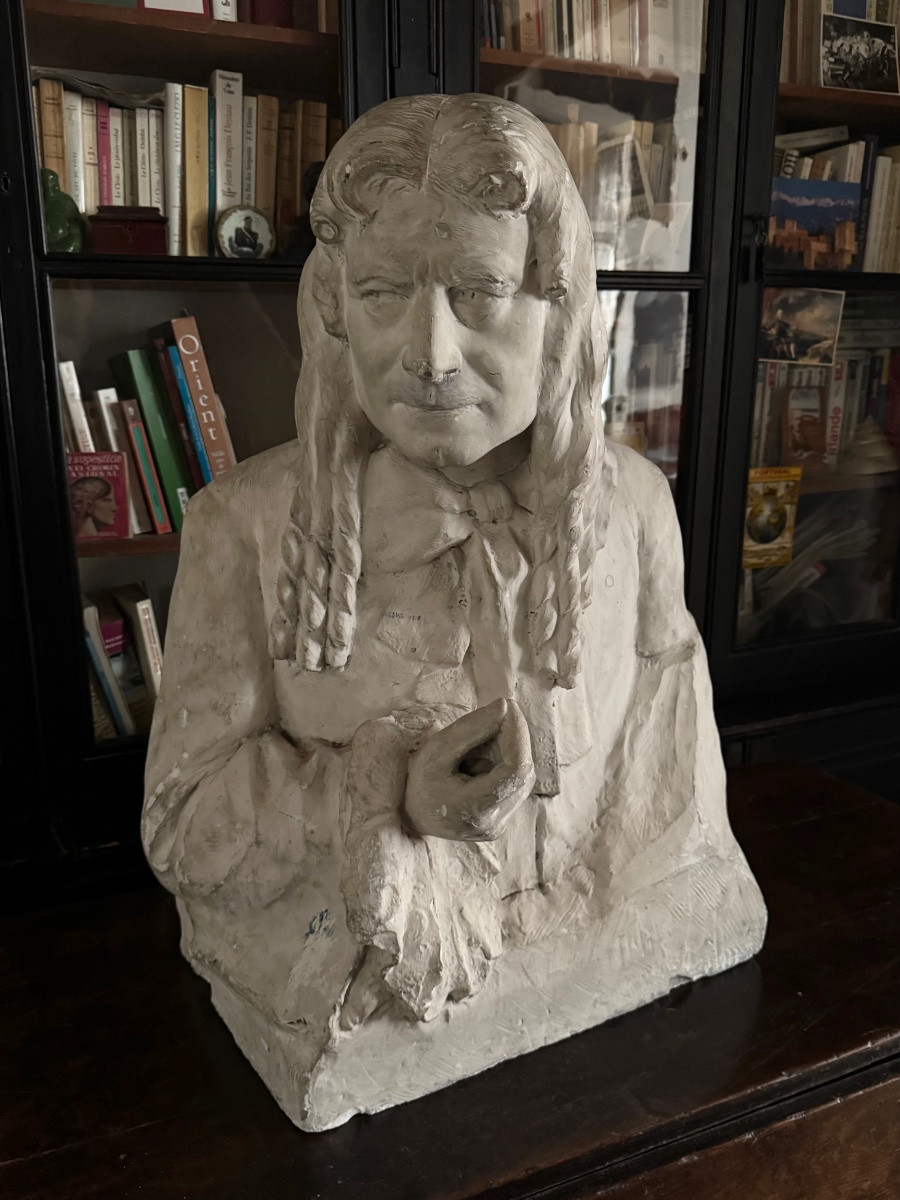 Grand Buste ancien en plâtre de Boileau par François Cogné-photo-3