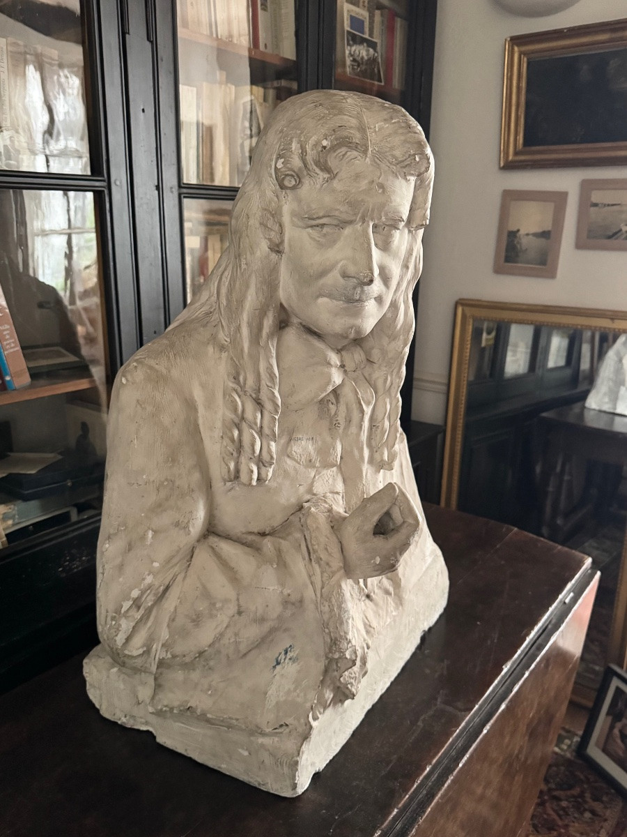 Grand Buste ancien en plâtre de Boileau par François Cogné-photo-4