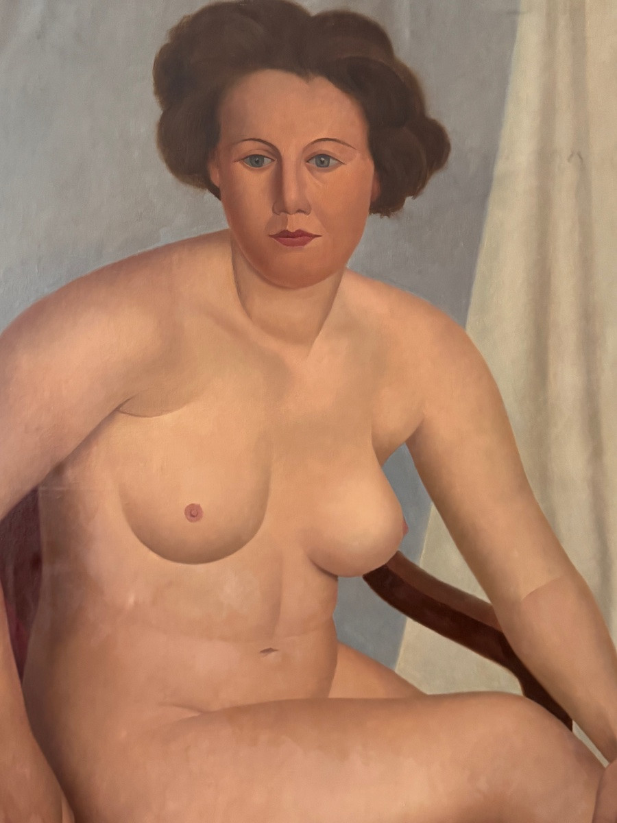 Oil On Canvas, Seated Nude Woman, Belgian School 1950-photo-2