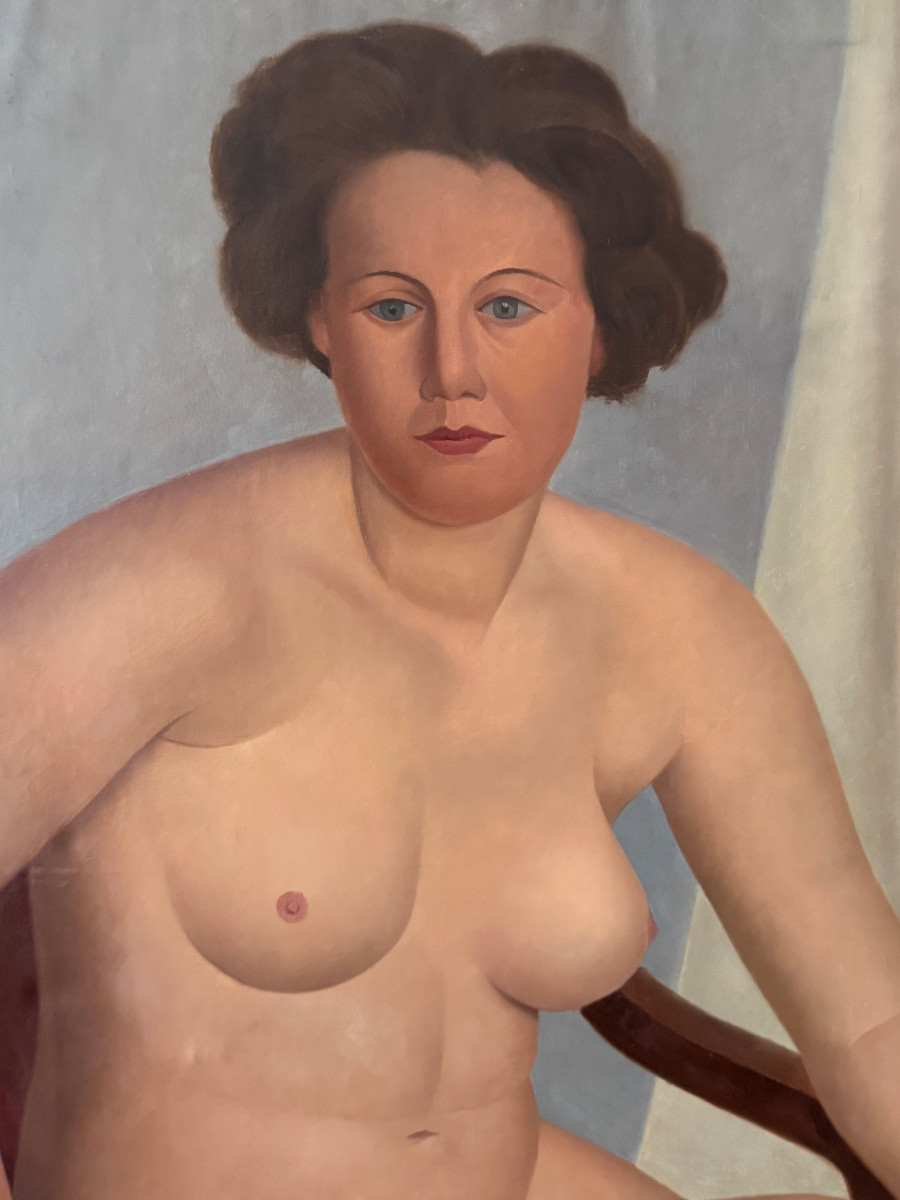 Oil On Canvas, Seated Nude Woman, Belgian School 1950-photo-3