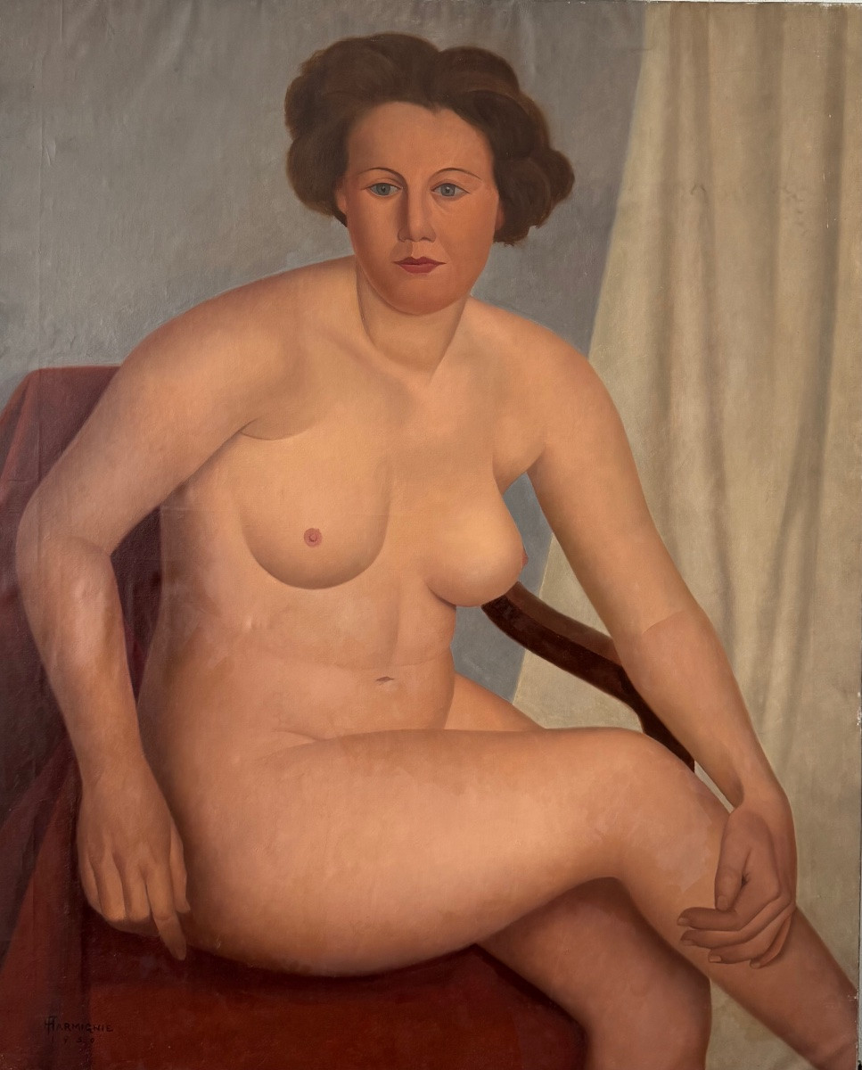 Oil On Canvas, Seated Nude Woman, Belgian School 1950-photo-4