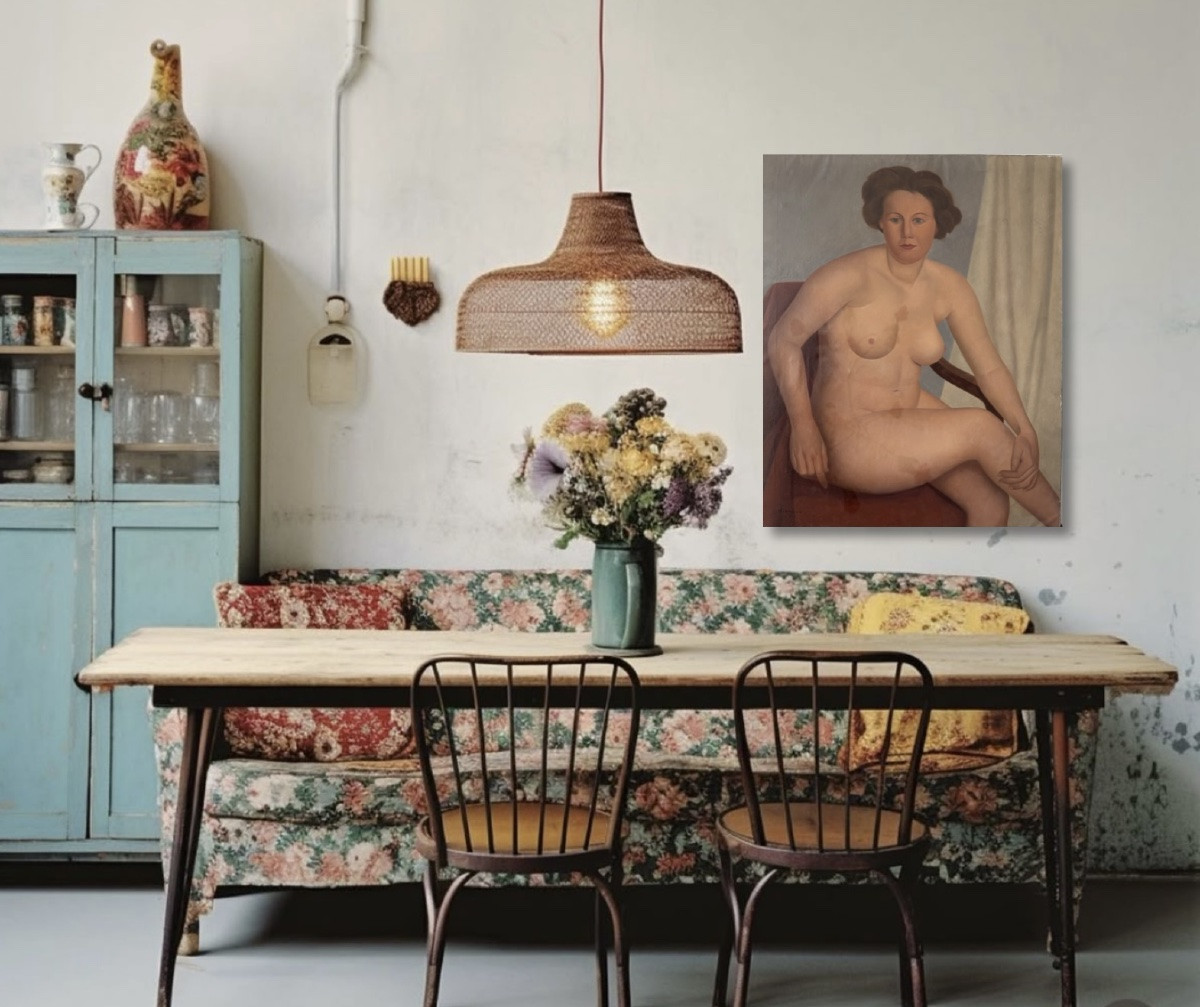 Oil On Canvas, Seated Nude Woman, Belgian School 1950-photo-2