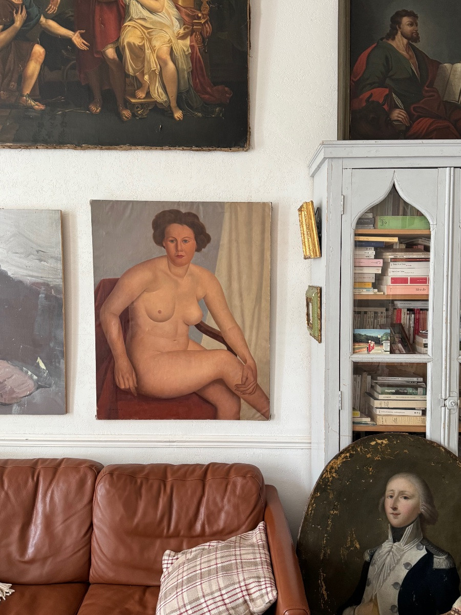Oil On Canvas, Seated Nude Woman, Belgian School 1950-photo-3