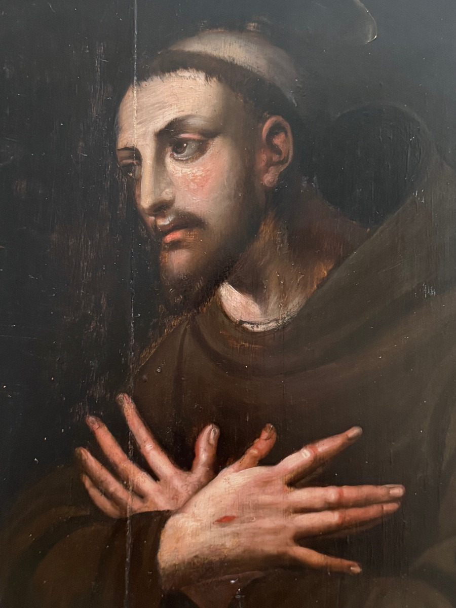 Saint François d’Assise XVIIème sur panneau de chêne ( mains de Anvers)-photo-2