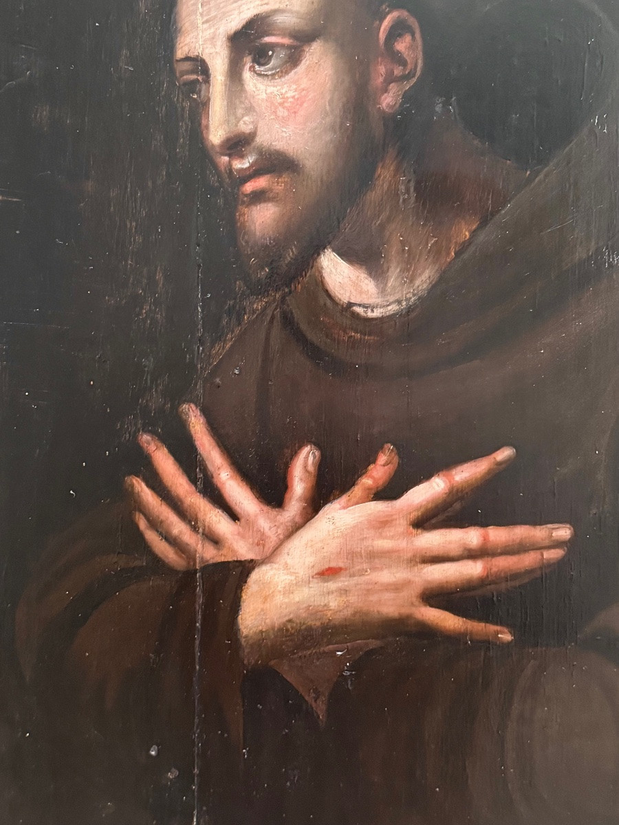 Saint François d’Assise XVIIème sur panneau de chêne ( mains de Anvers)-photo-3