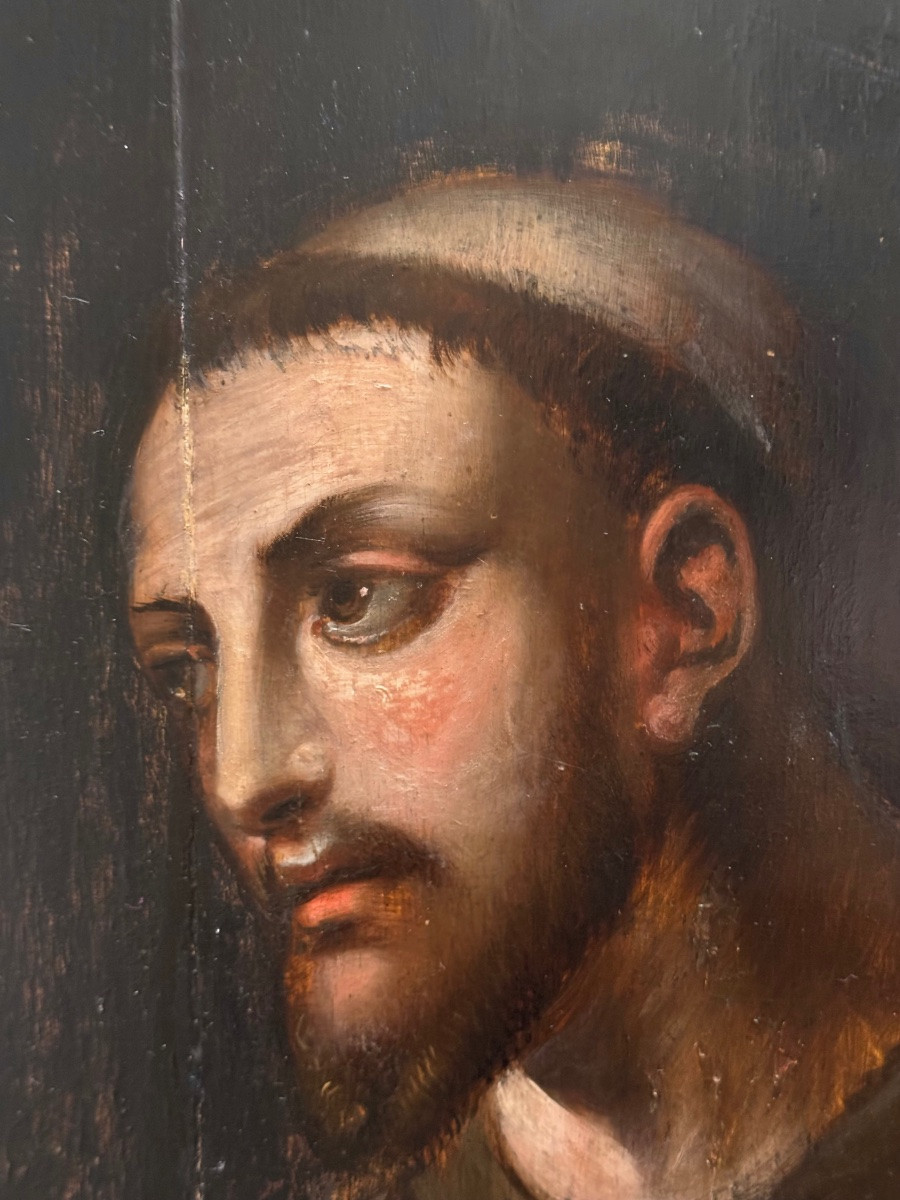 Saint François d’Assise XVIIème sur panneau de chêne ( mains de Anvers)-photo-1