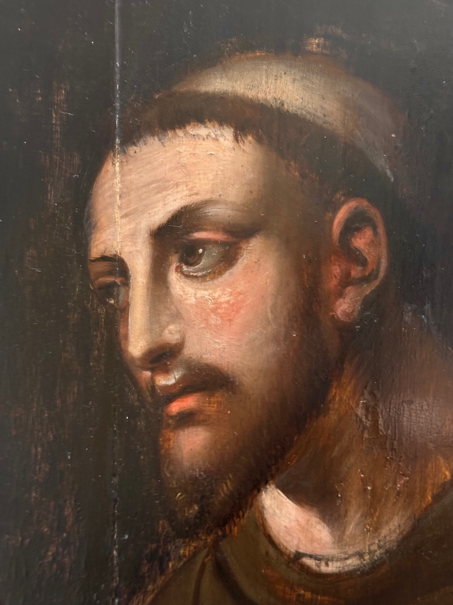 Saint François d’Assise XVIIème sur panneau de chêne ( mains de Anvers)-photo-2