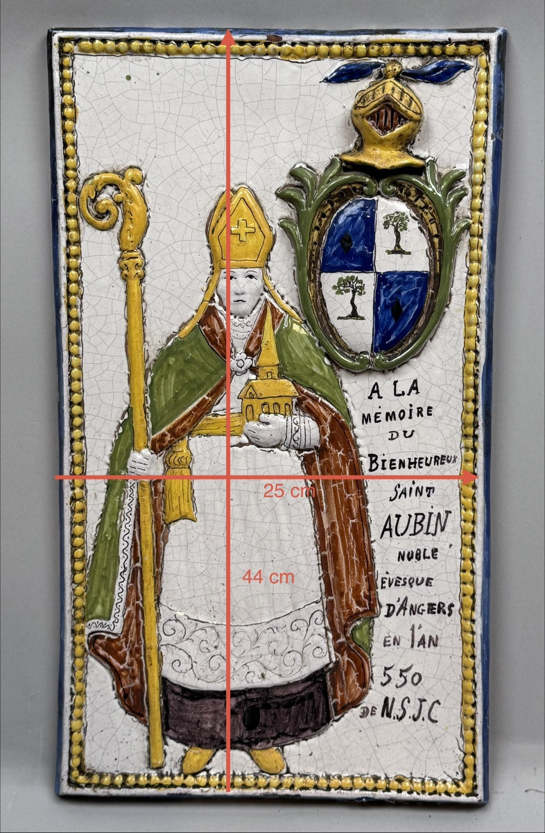Malicorne Earthenware Plaque In Memory Of The Bishop Of Angers, The Blessed Saint Aubin -photo-2