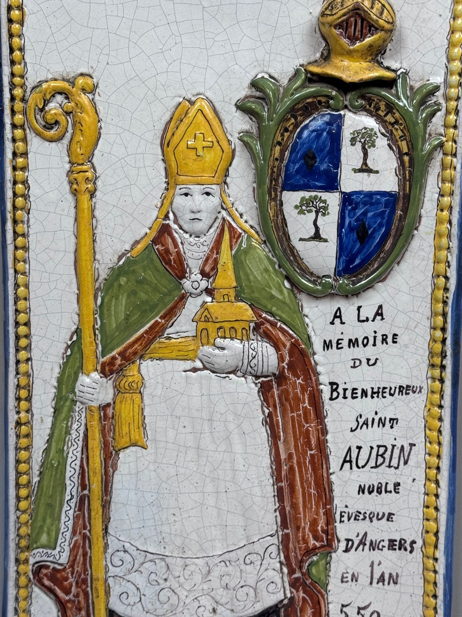 Malicorne Earthenware Plaque In Memory Of The Bishop Of Angers, The Blessed Saint Aubin -photo-1