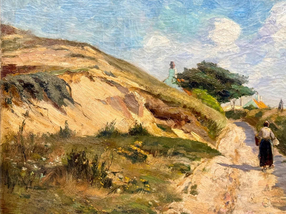 Returning From Fishing On A Path In The Dunes, Large Oil On Canvas.-photo-4