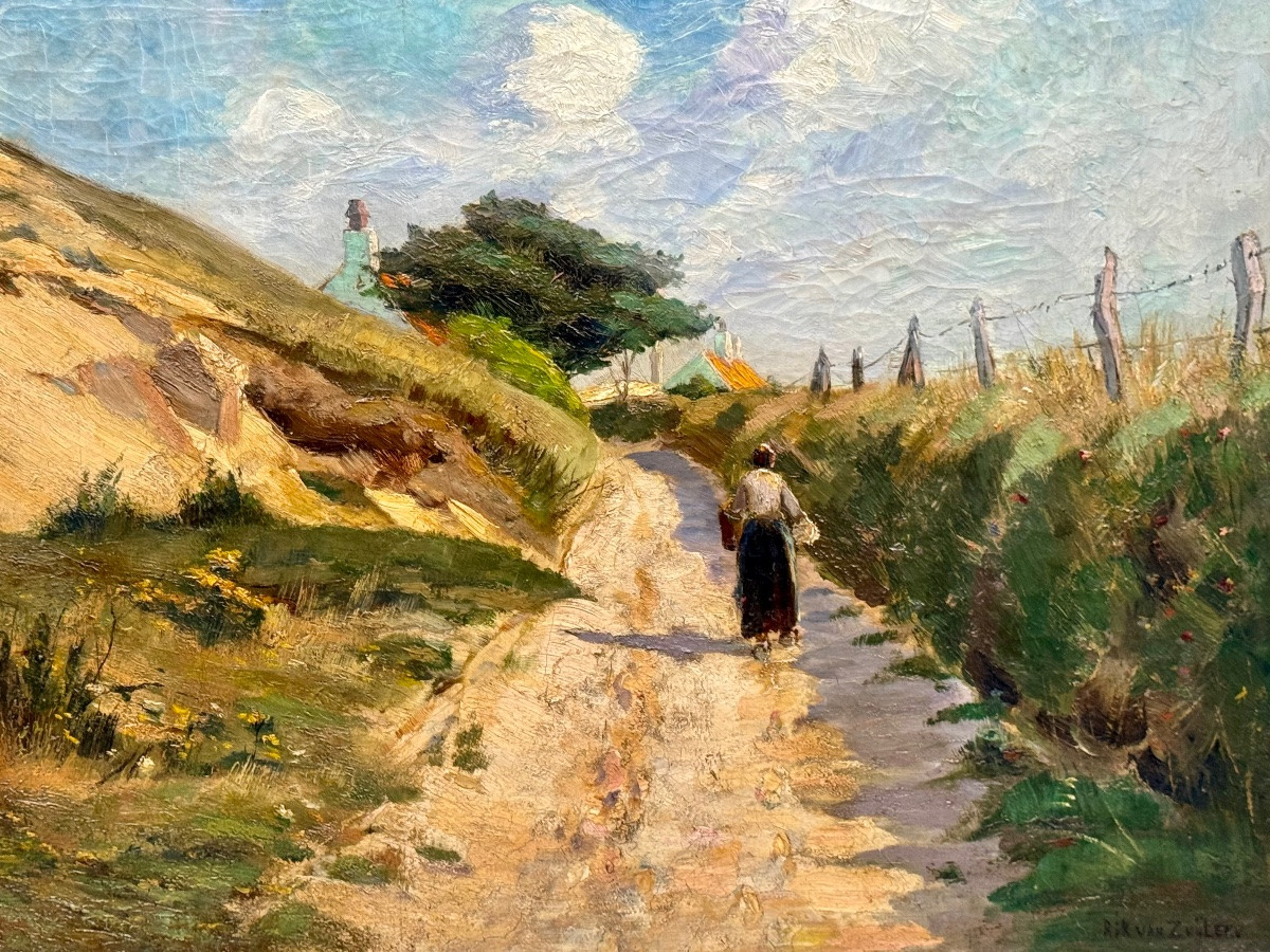 Returning From Fishing On A Path In The Dunes, Large Oil On Canvas.-photo-1