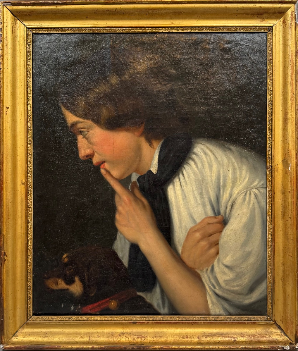 Jeune et son chien , école autrichienne circa 1840-photo-3