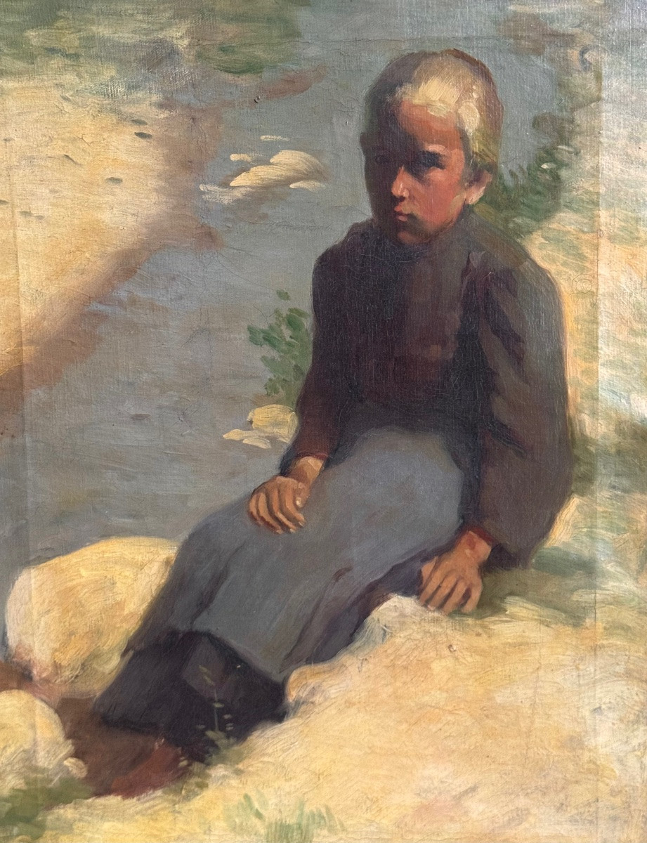 Grand tableau , jeune fille sur le bord de l’eau .-photo-1