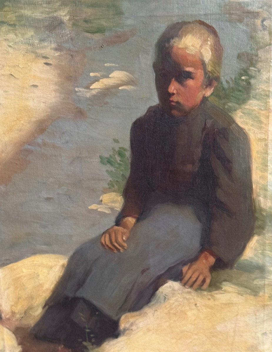 Grand tableau , jeune fille sur le bord de l’eau .-photo-2