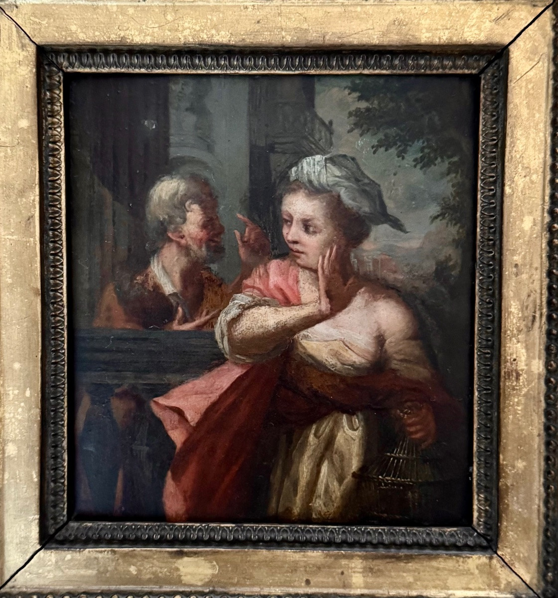 The Confidence Or The Romantic Rendezvous, Oil On Wood, 18th Century-photo-3