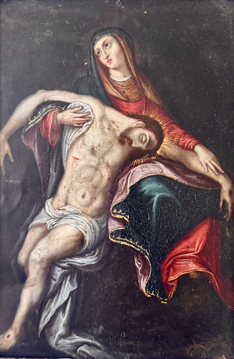Piéta sur cuivre 17ème dans son cadre d’origine -photo-1