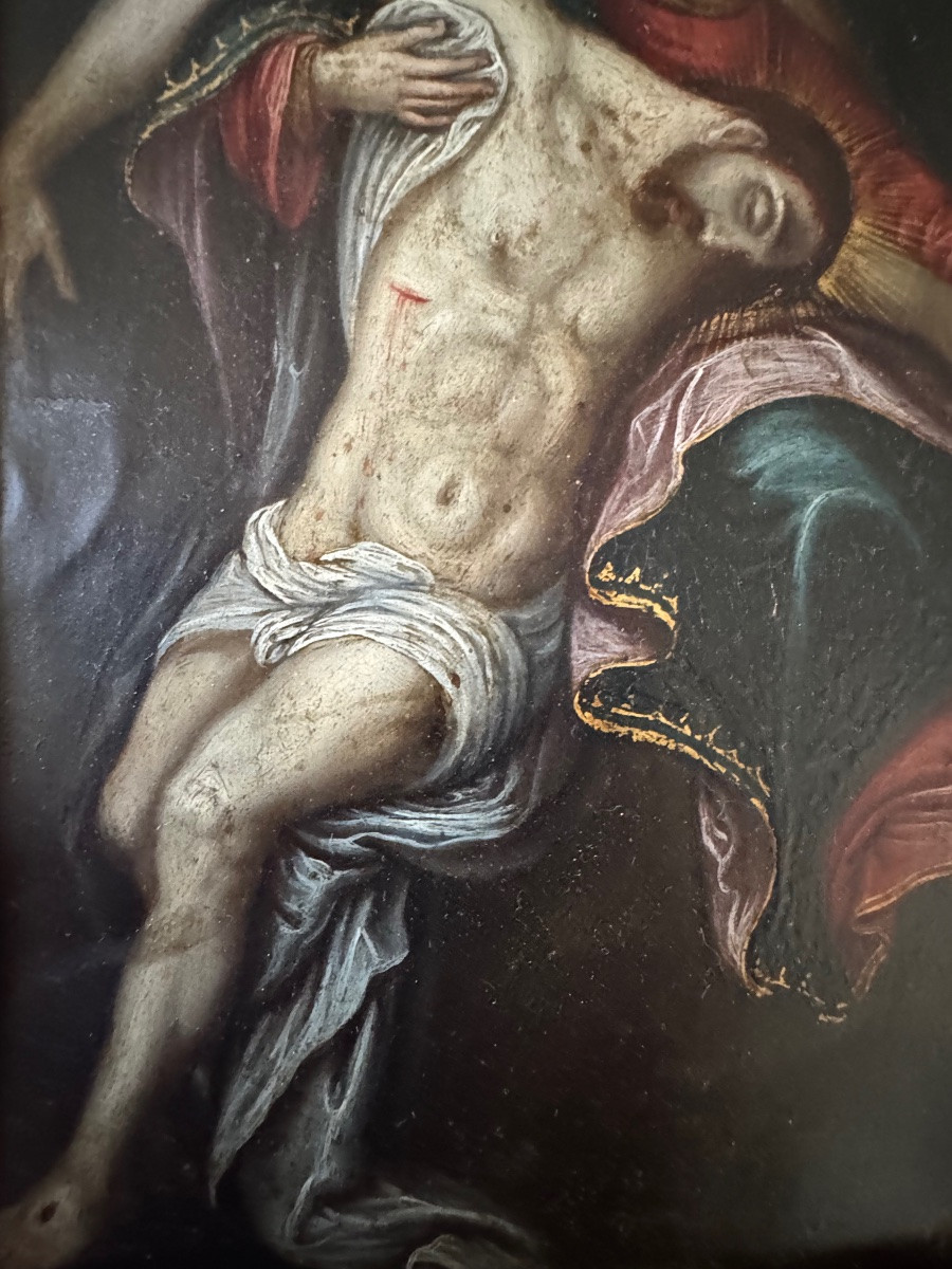 Piéta sur cuivre 17ème dans son cadre d’origine -photo-4