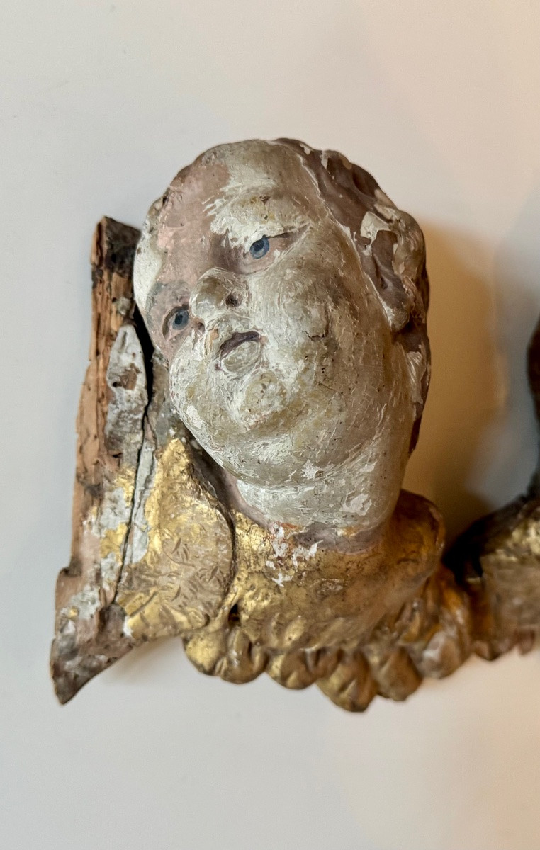 Deux anges en bois polychrome 18ème -photo-3