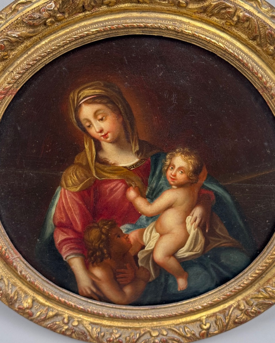 Huile sur bois en tondo , Vierge à l’Enfant avec Saint Jean Baptiste 18ème-photo-2