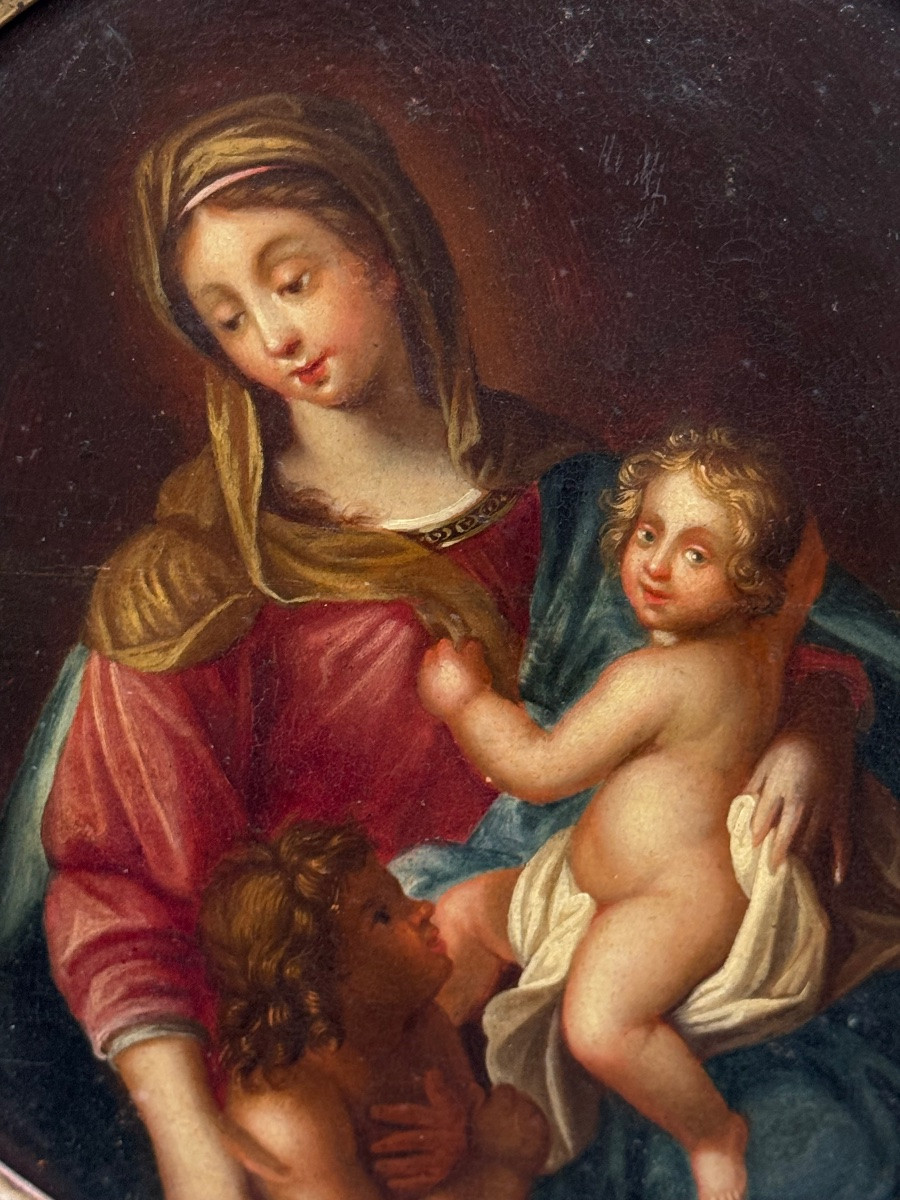 Huile sur bois en tondo , Vierge à l’Enfant avec Saint Jean Baptiste 18ème-photo-3