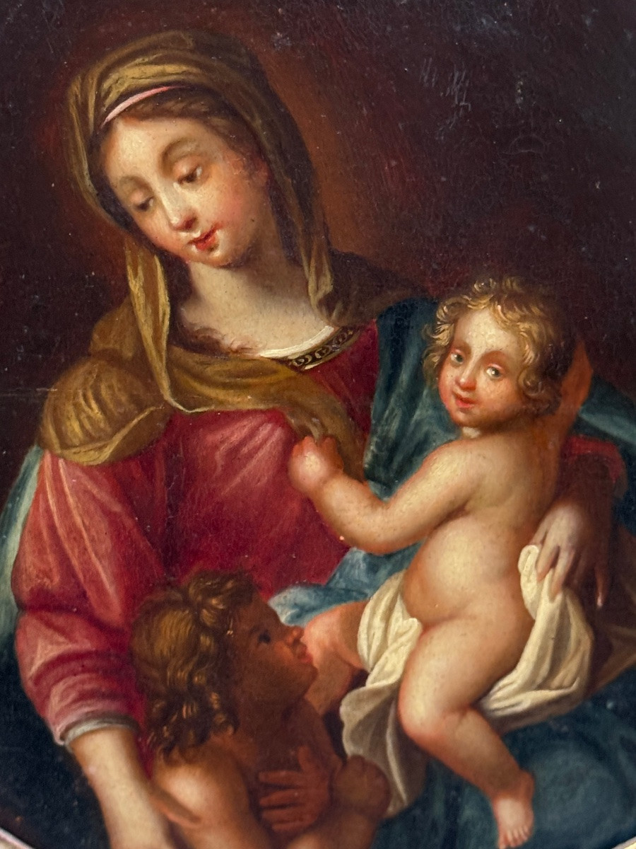 Huile sur bois en tondo , Vierge à l’Enfant avec Saint Jean Baptiste 18ème-photo-4