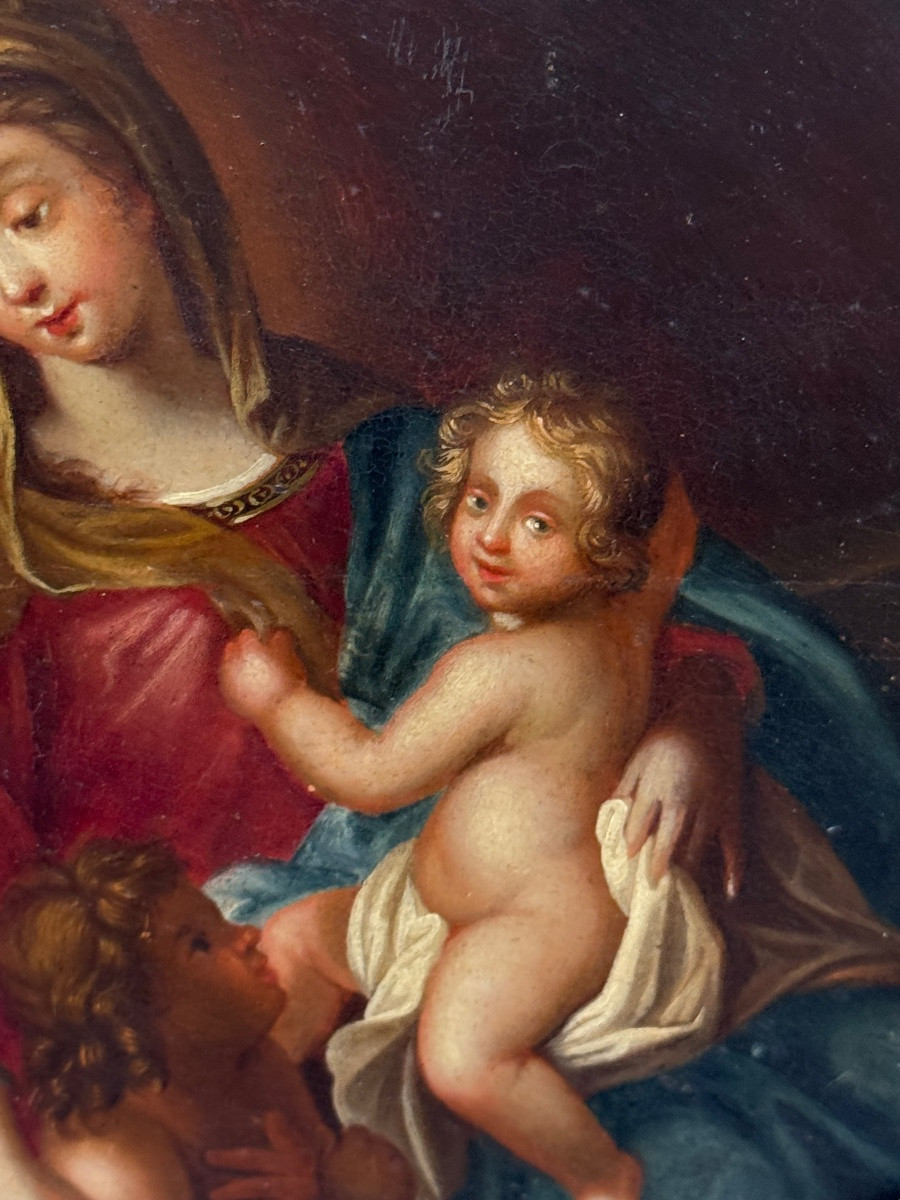 Huile sur bois en tondo , Vierge à l’Enfant avec Saint Jean Baptiste 18ème-photo-1