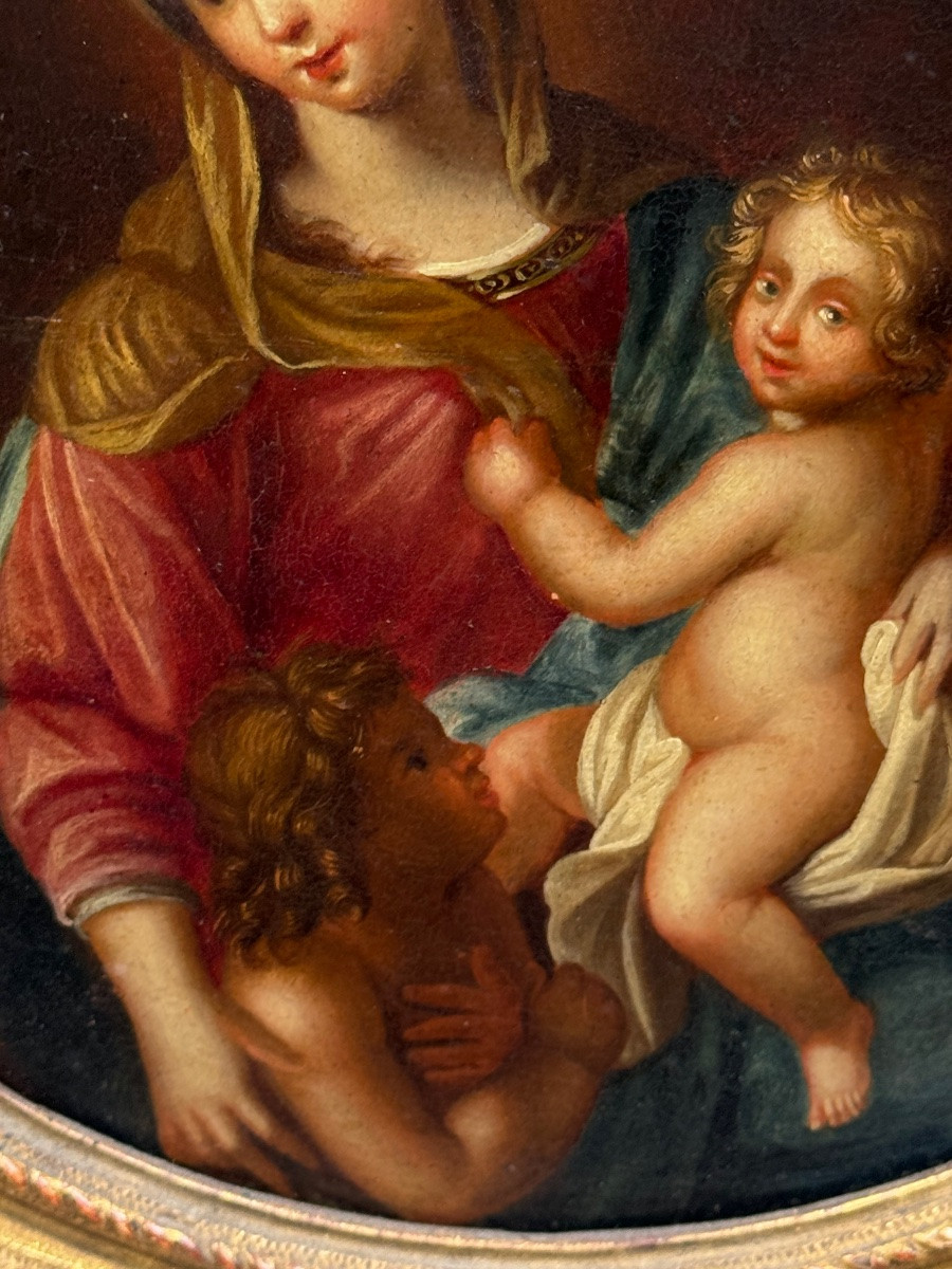 Huile sur bois en tondo , Vierge à l’Enfant avec Saint Jean Baptiste 18ème-photo-2