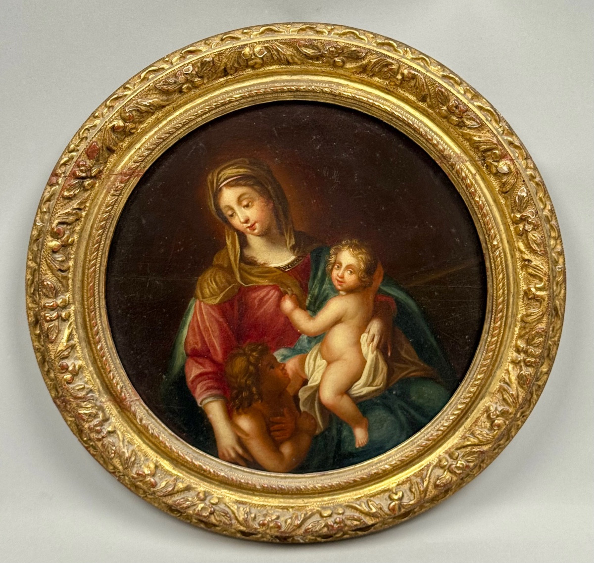Huile sur bois en tondo , Vierge à l’Enfant avec Saint Jean Baptiste 18ème