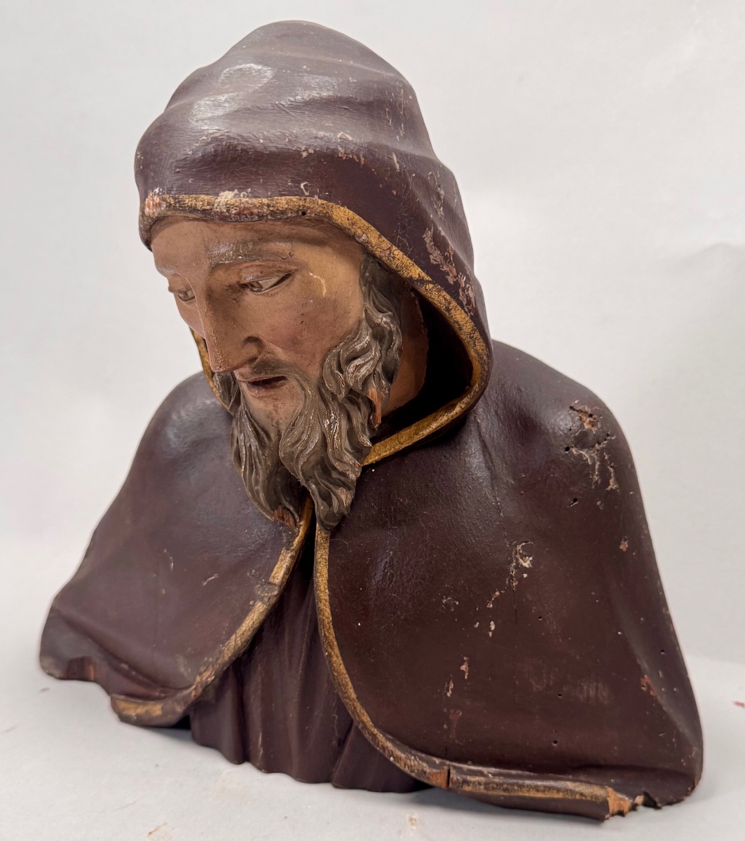 Wood Carving Of A Bust Of A Monk In Robes-photo-3