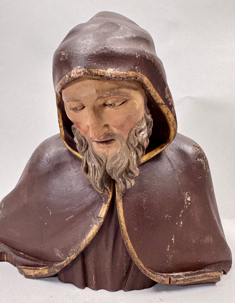 Wood Carving Of A Bust Of A Monk In Robes-photo-4