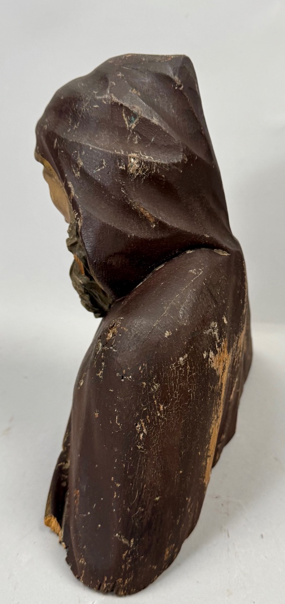 Wood Carving Of A Bust Of A Monk In Robes-photo-4