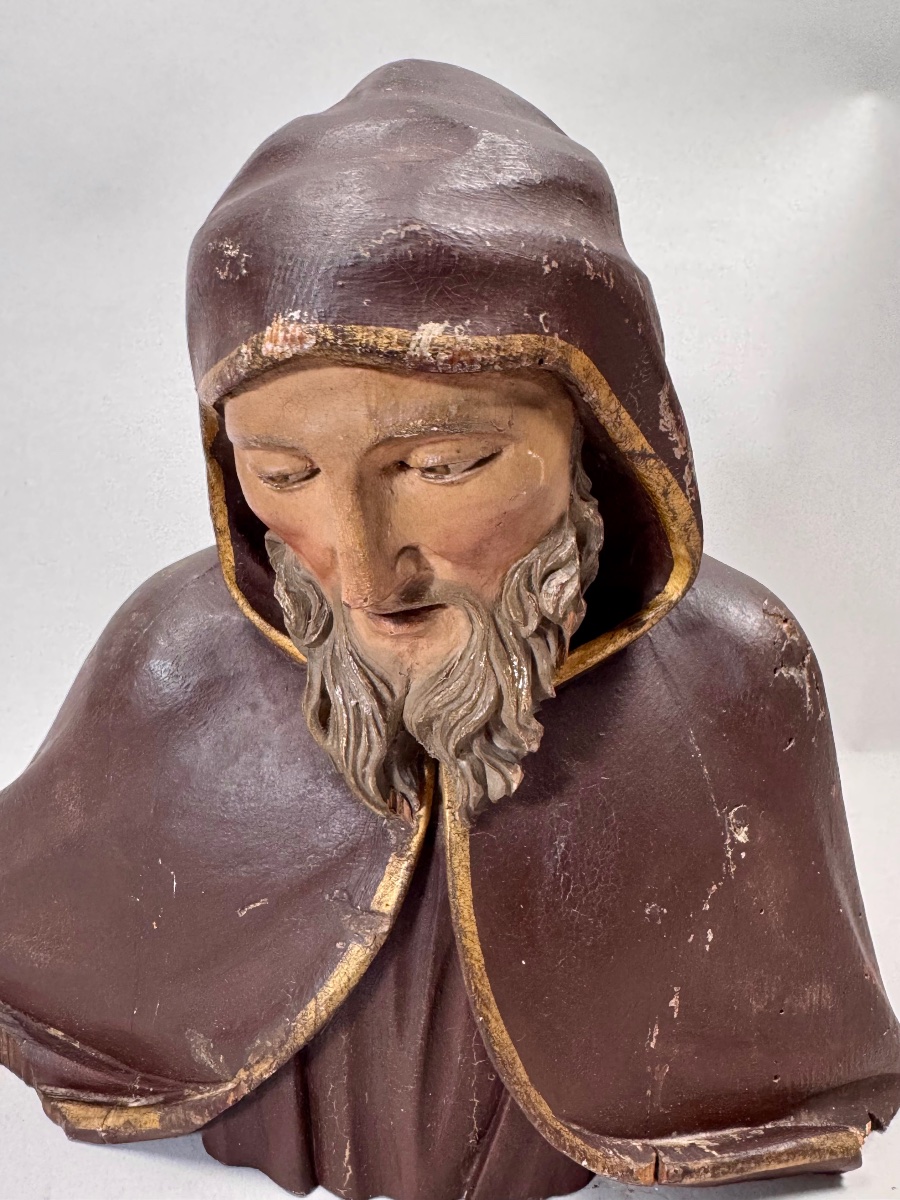 Wood Carving Of A Bust Of A Monk In Robes-photo-6