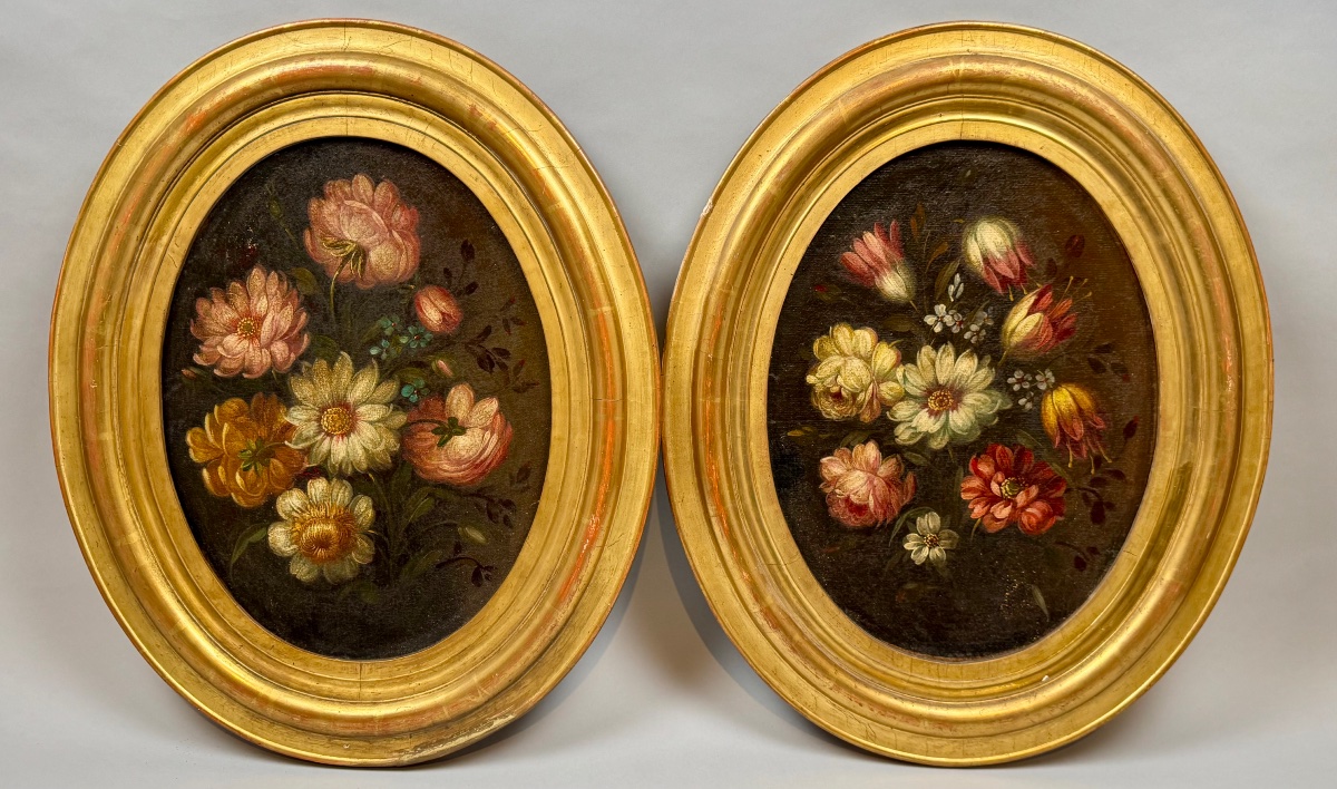 Paire de natures mortes florales milieu XIXème 