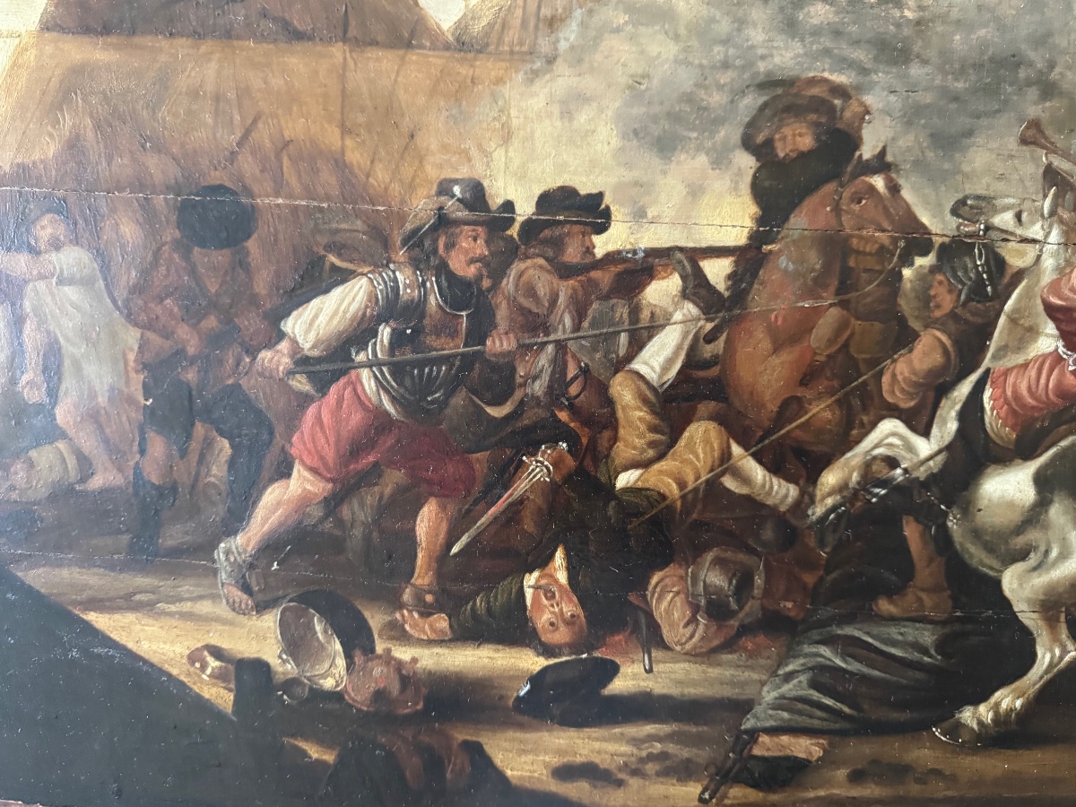 Escarmouche , huile sur bois de chêne 17ème siècle -photo-4