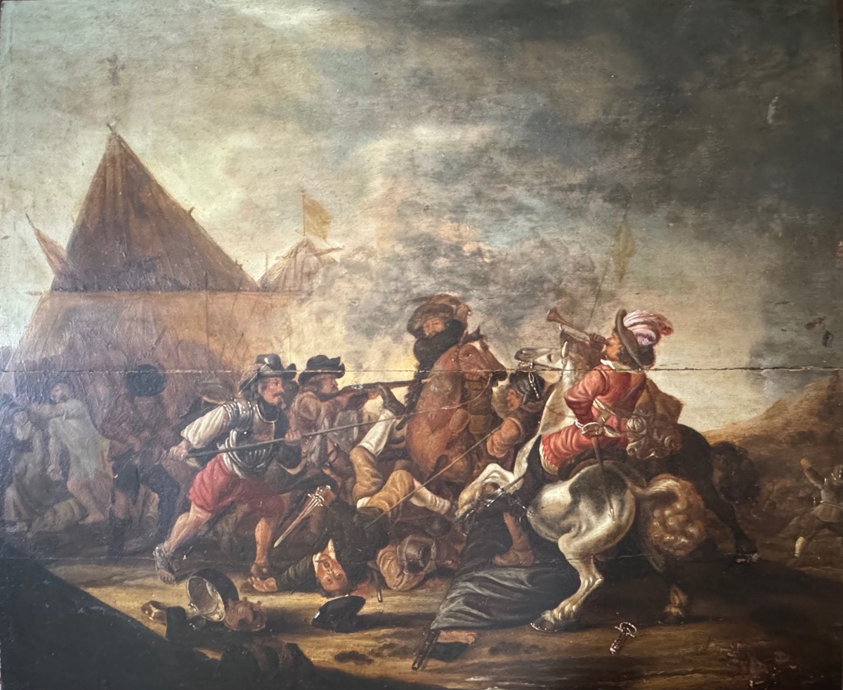 Escarmouche , huile sur bois de chêne 17ème siècle 