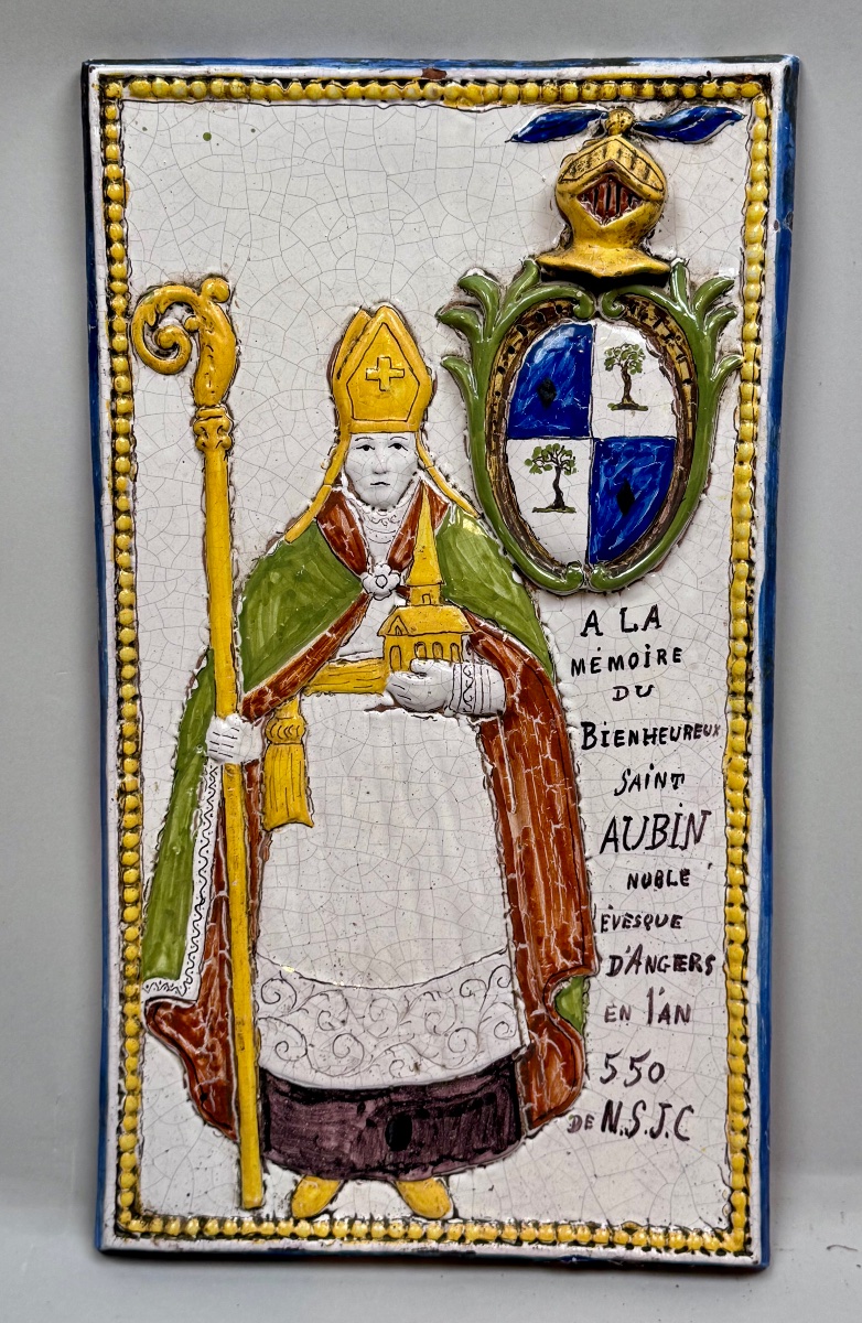 19th-century Malicorne Earthenware Plaque In Memory Of Blessed Saint Aubin 