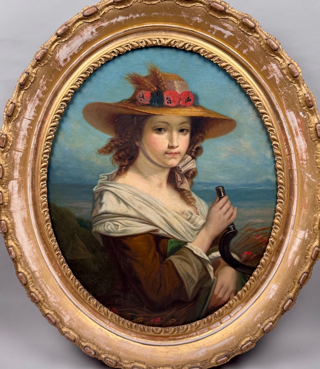 Grand portrait ovale d’une jeune femme représentée en paysanne , école italienne , XIXème .-photo-2