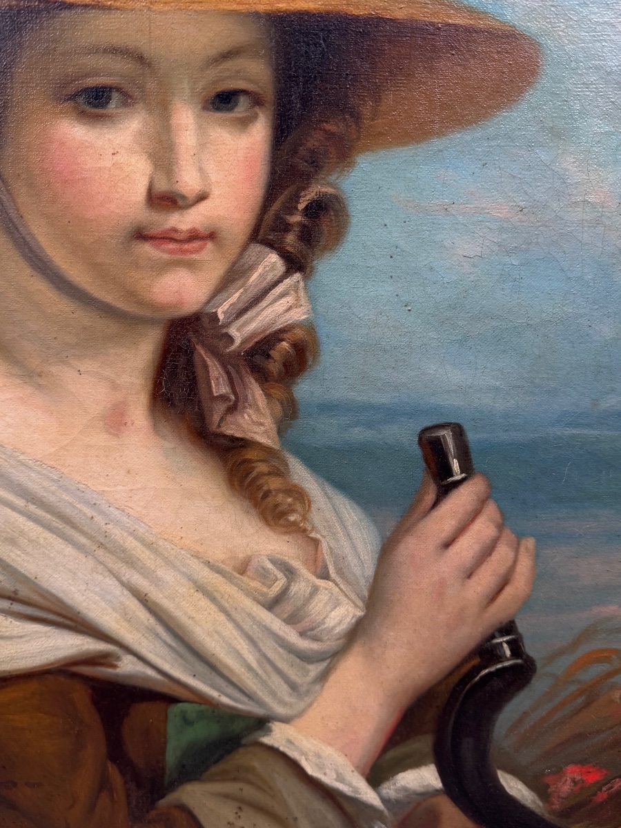 Grand portrait ovale d’une jeune femme représentée en paysanne , école italienne , XIXème .-photo-6