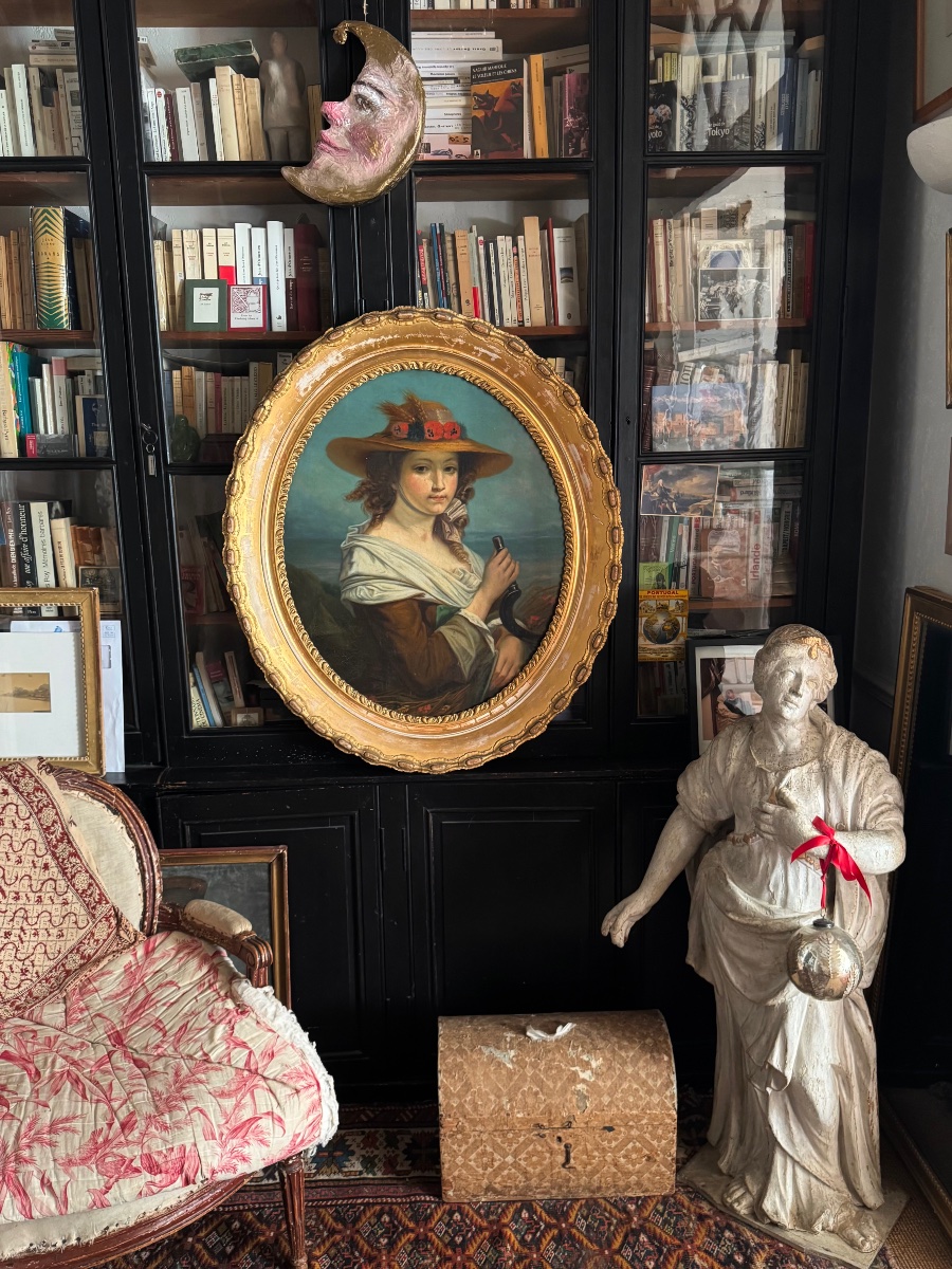 Grand portrait ovale d’une jeune femme représentée en paysanne , école italienne , XIXème .-photo-7