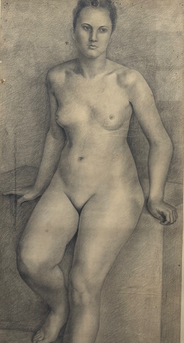 Seated Nude Woman, Large Graphite Drawing, 1943.-photo-2