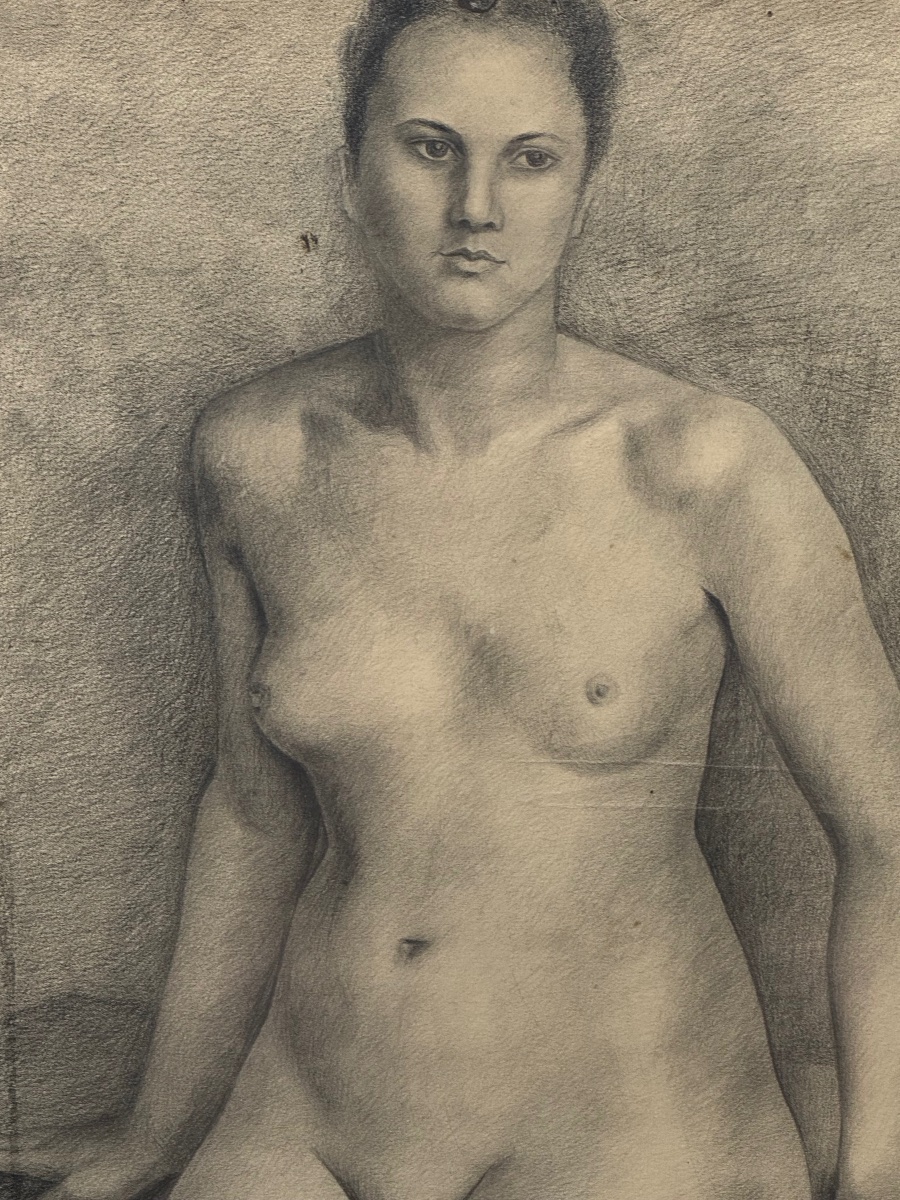 Seated Nude Woman, Large Graphite Drawing, 1943.-photo-3