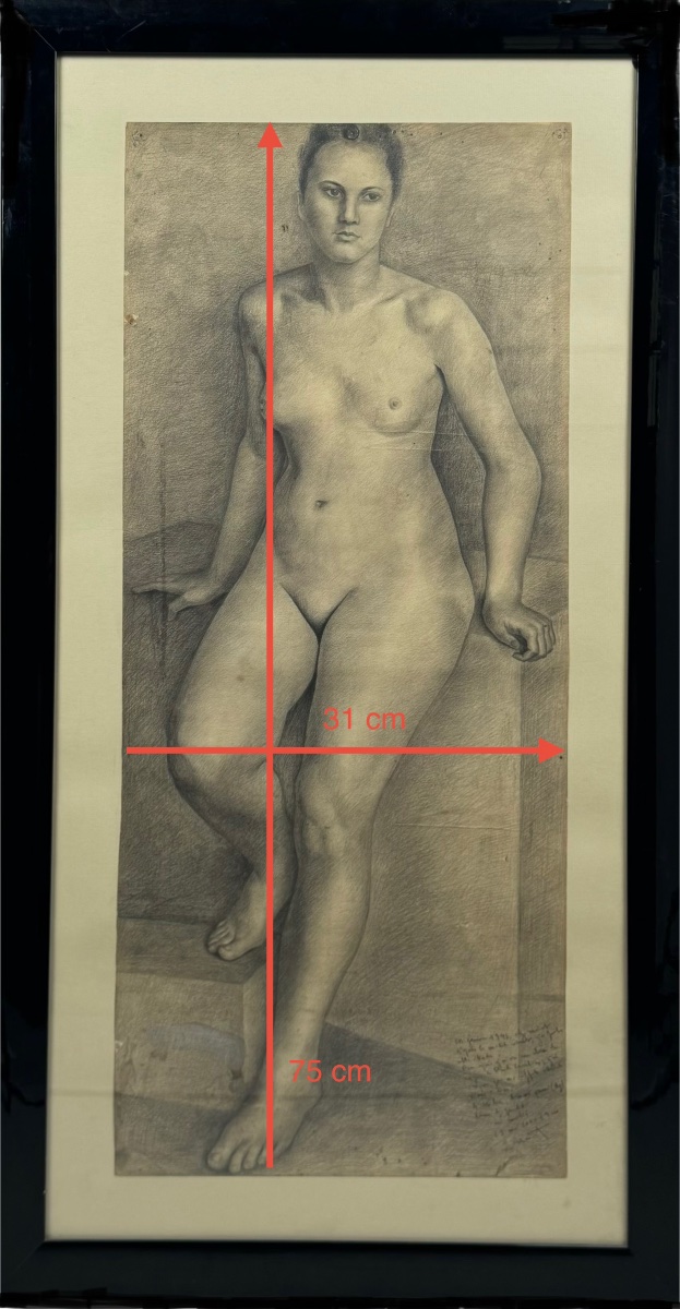 Seated Nude Woman, Large Graphite Drawing, 1943.-photo-5