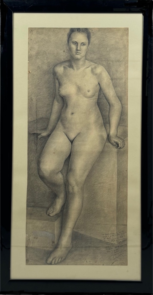 Seated Nude Woman, Large Graphite Drawing, 1943.