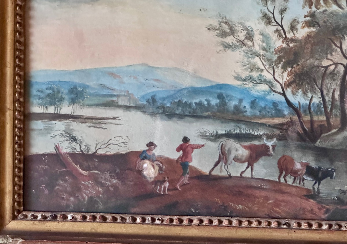 Aquarelle et gouache fin XVIIIème , le passage de rivière .-photo-2
