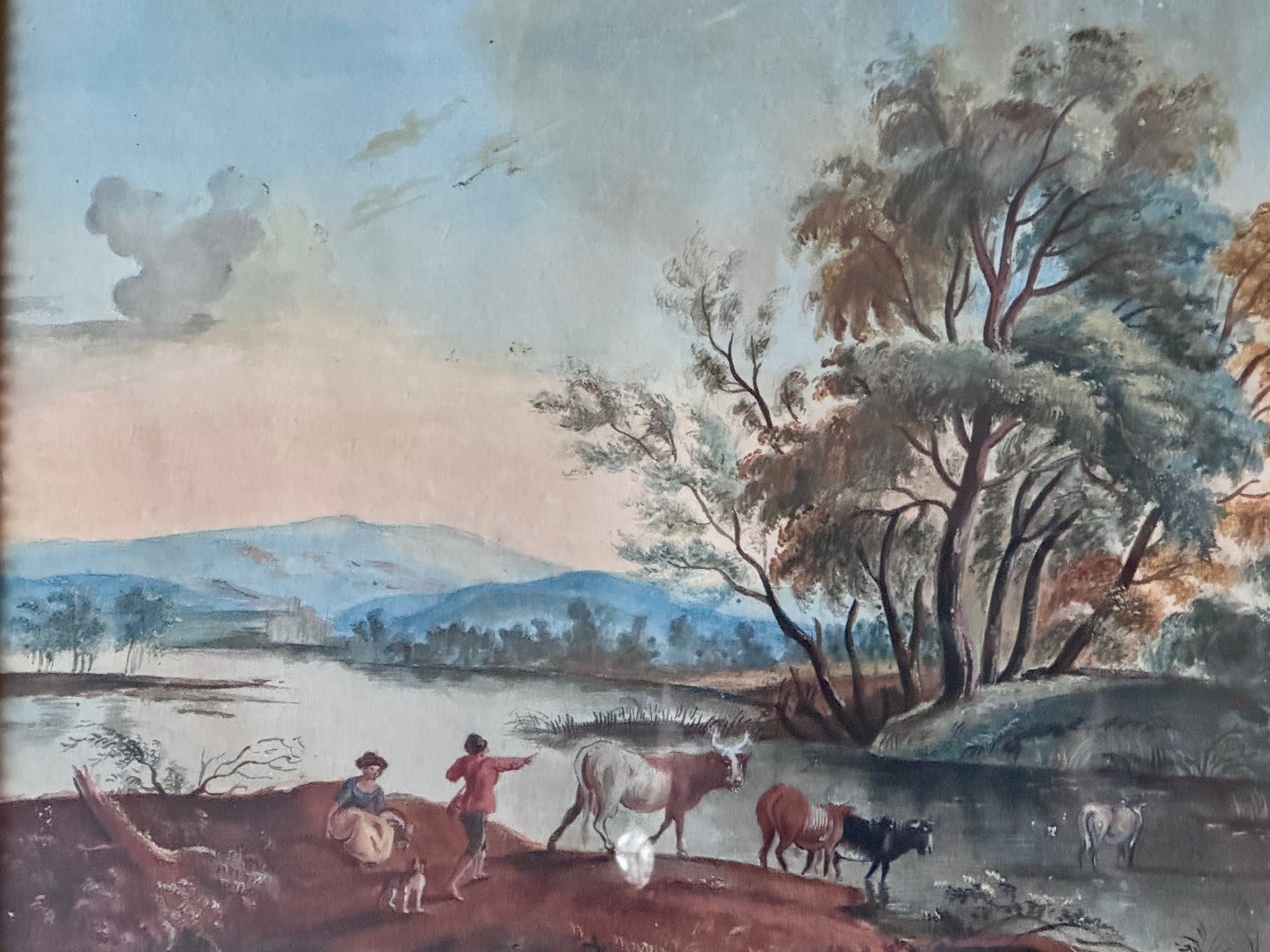 Aquarelle et gouache fin XVIIIème , le passage de rivière .-photo-3